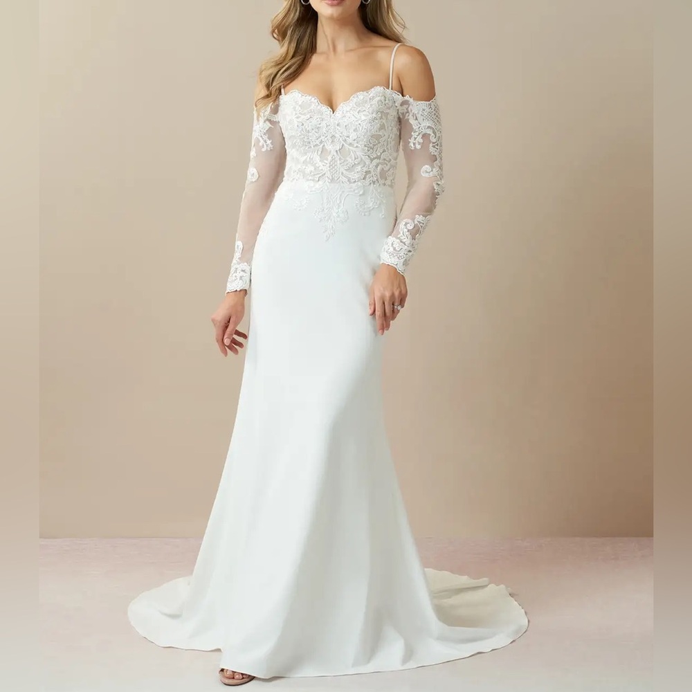 Off the Shoulder Stretch Crepe Wedding Bridal Dress - Size 0